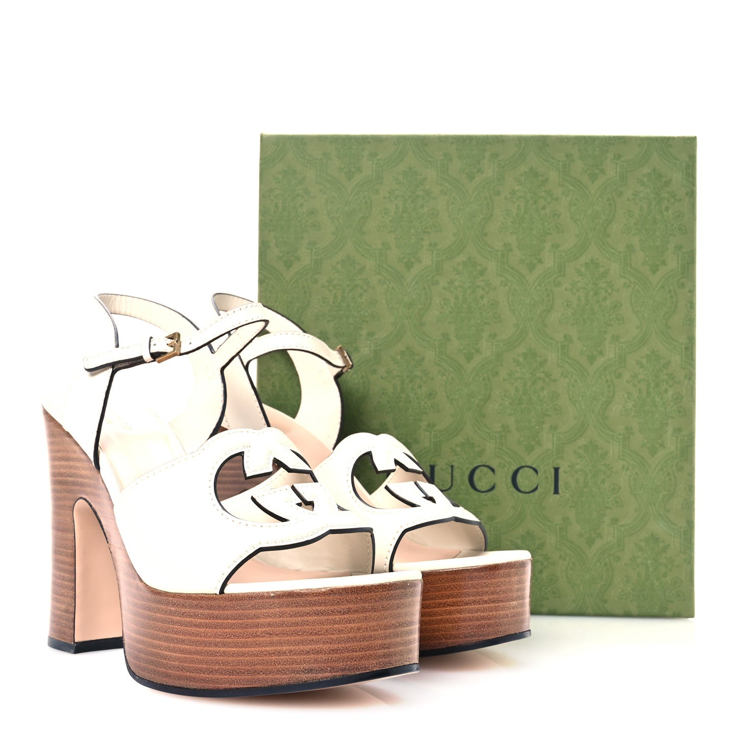 Cosmos Softy Calfskin Wooden Interlocking G Cut-Out 30/120mm Platform Sandals 41 Mystic White