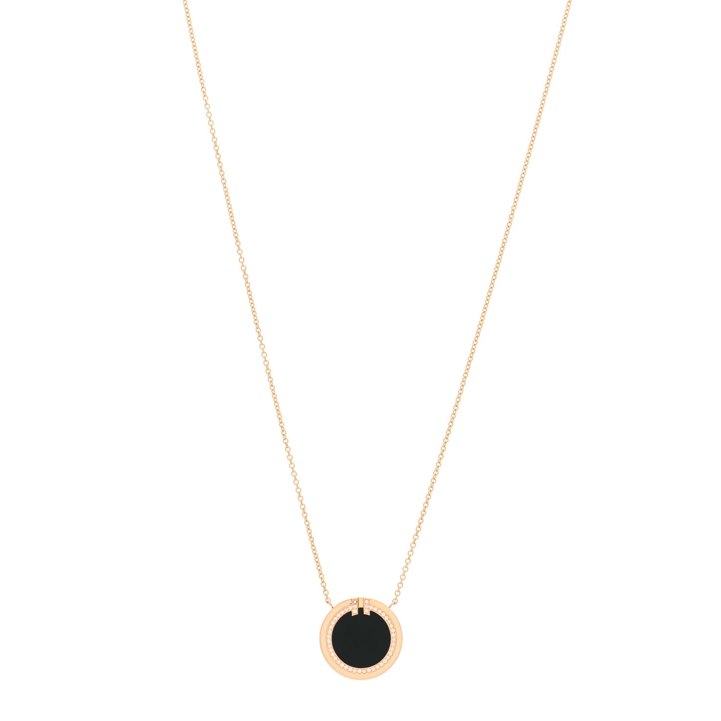 18K Rose Gold Diamond Black Onyx T Circle Pendant Necklace