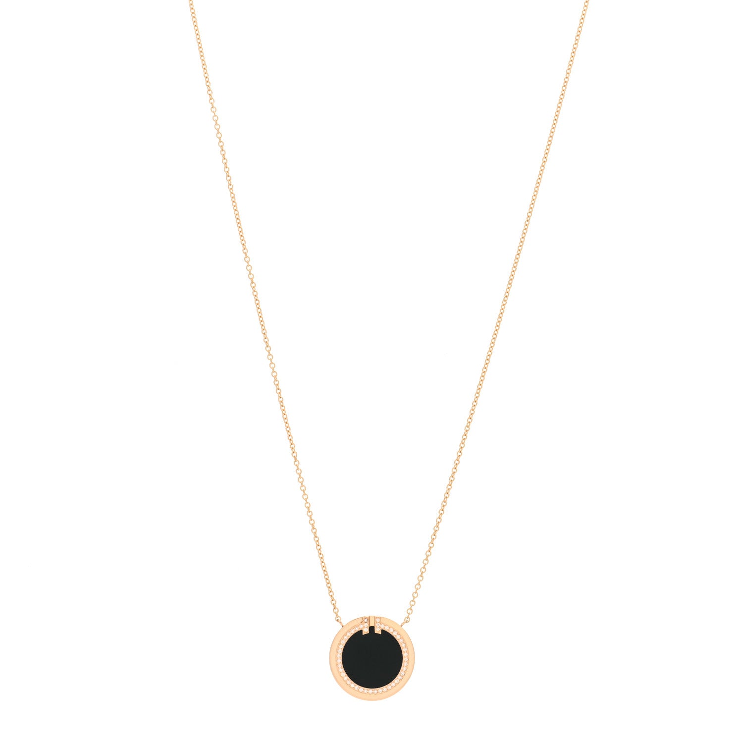 Tiffany 18K Rose Gold Diamond Black Onyx T Circle Pendant Necklace 1 of 3