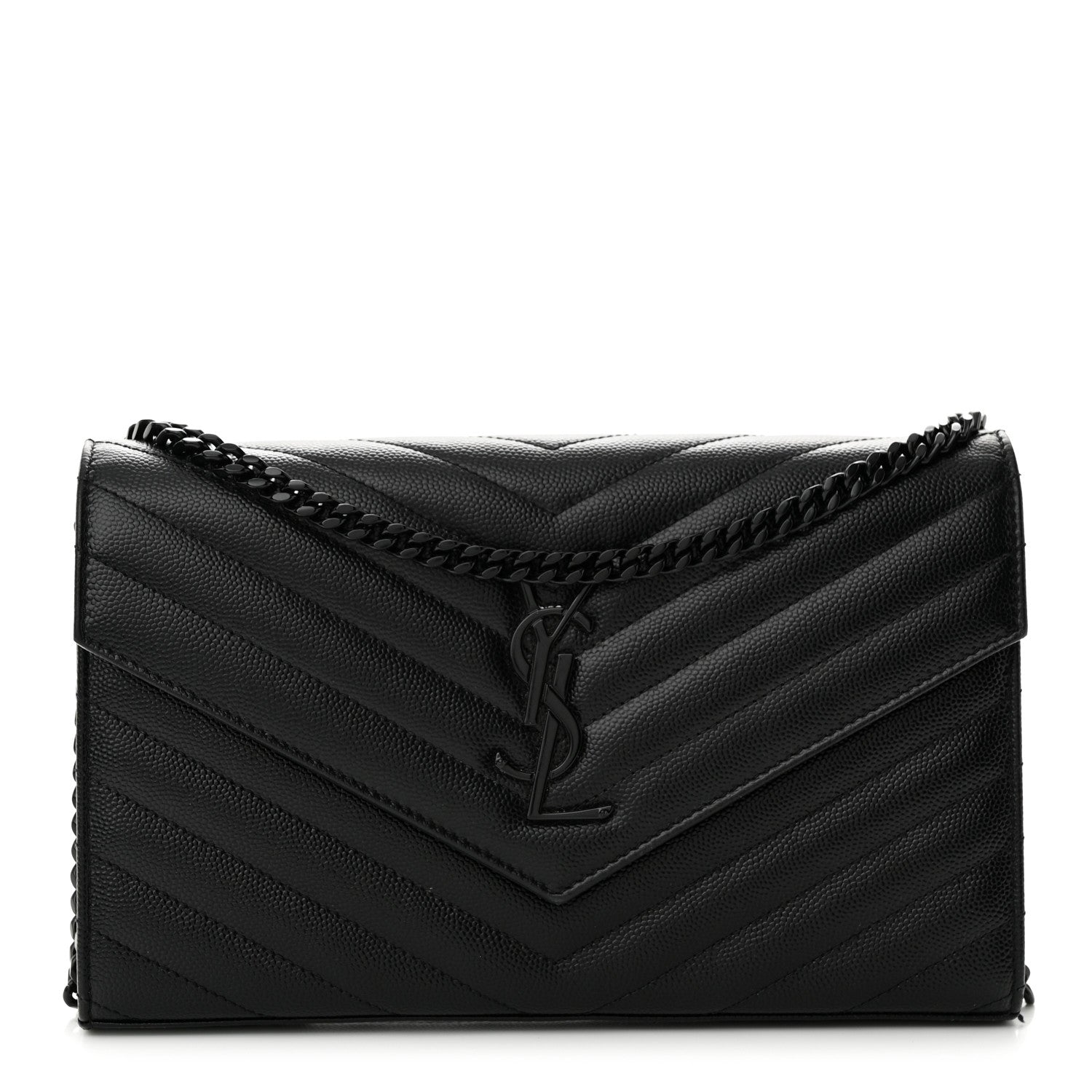 Saint Laurent Grain De Poudre Matelasse Chevron Monogram Monochrome Chain Wallet Black 1 of 12