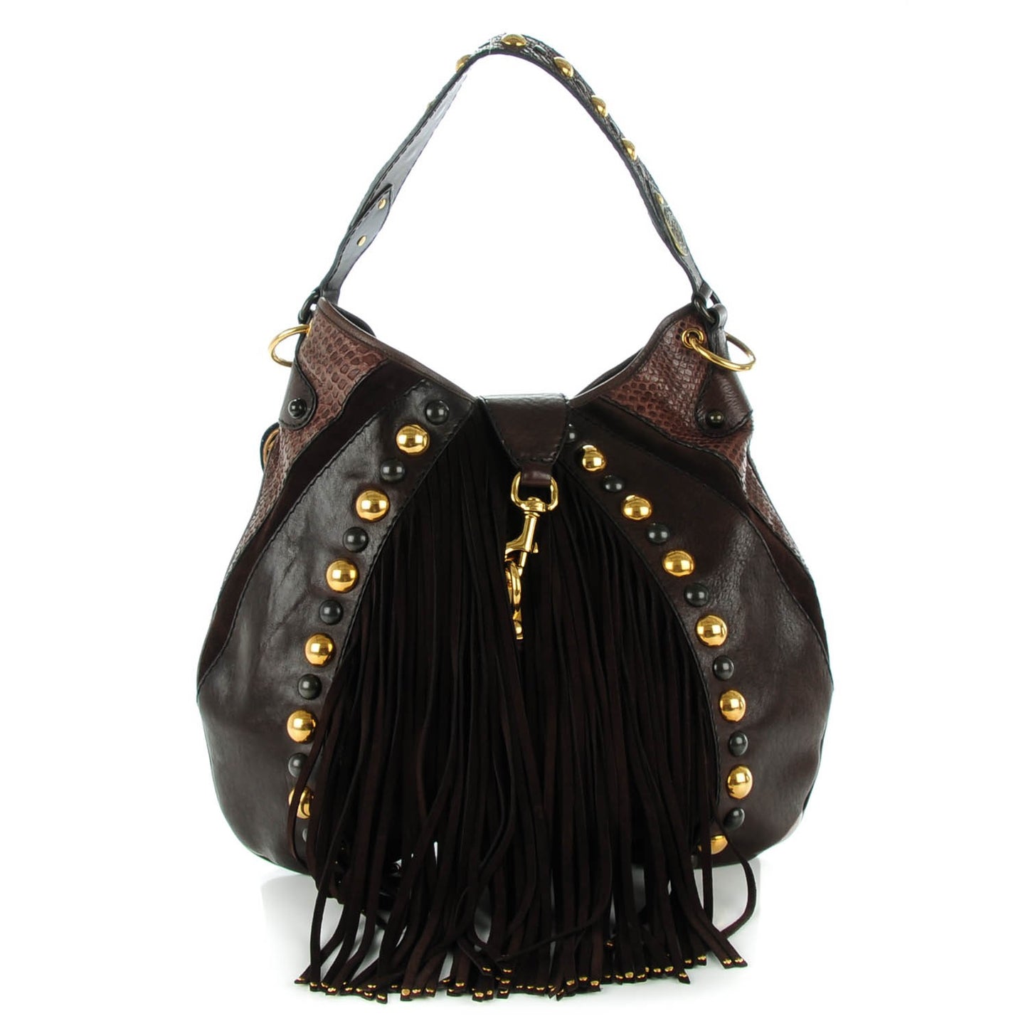 Calfskin Python Suede Fringe Babouska Hobo Brown