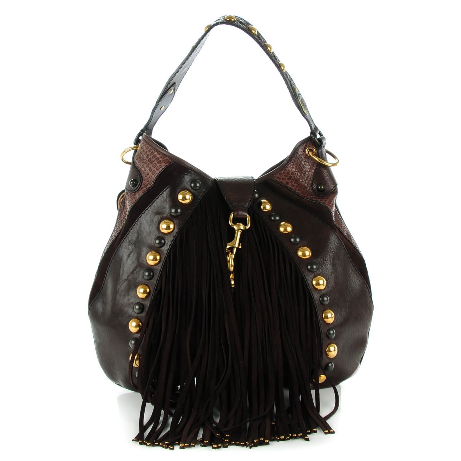 Gucci Calfskin Python Suede Fringe Babouska Hobo Brown 1 of 7