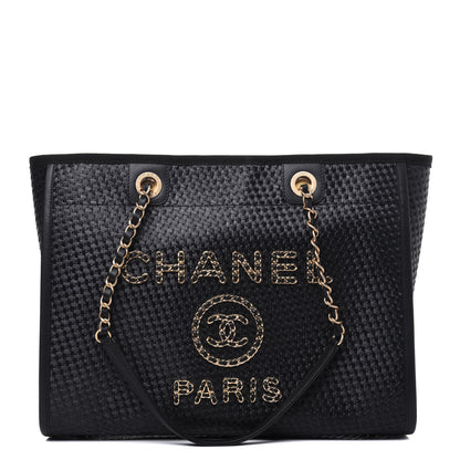 Chanel Straw Raffia Calfskin Chain Small Deauville Tote Black 1 of 13