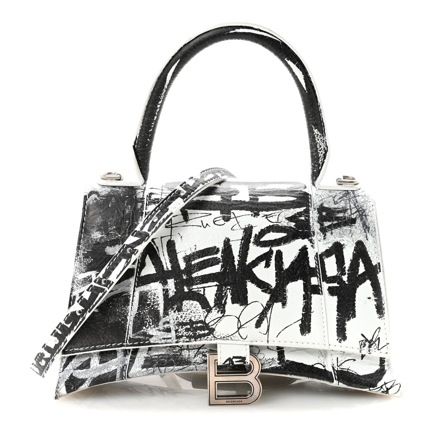 Smooth Calfskin Graffiti Hourglass Top Handle Bag Small White Black