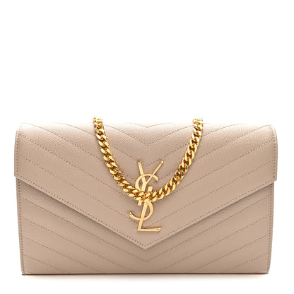 Saint Laurent Grain De Poudre Matelasse Chevron Monogram Chain Wallet Dark Beige 1 of 8