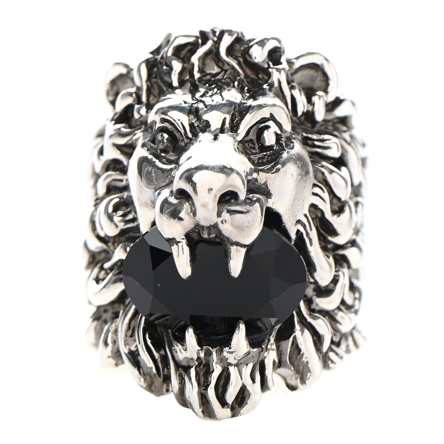 Gucci Metal Crystal Lion Head Ring 7.5 Black Aged Silver 56/7.5 Silver 1 of 8