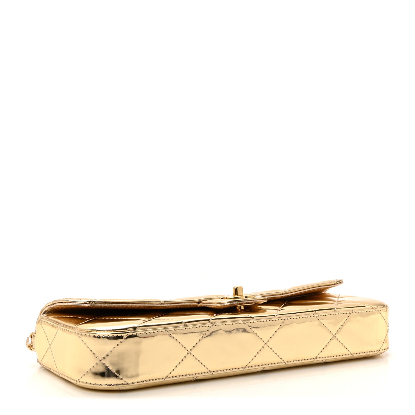 Metallic Mirror Calfskin Large Top Handle Clutch With Chain Gold