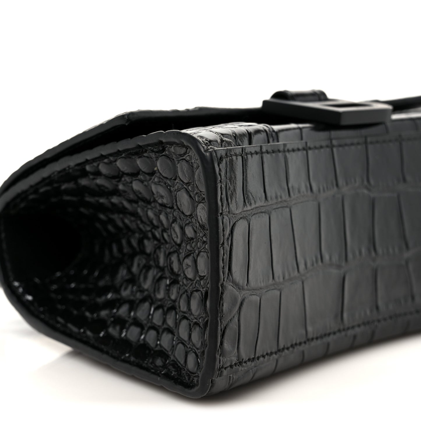 Shiny Calfskin Monochrome Crocodile Embossed Hourglass Top Handle Bag XS Black
