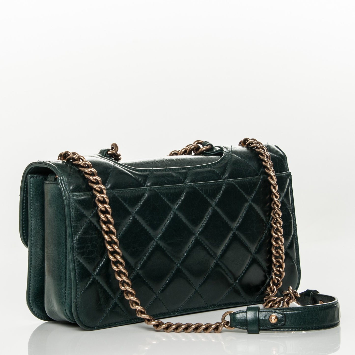 Glazed Calfskin Quilted Medium Perfect Edge Flap Dark Green
