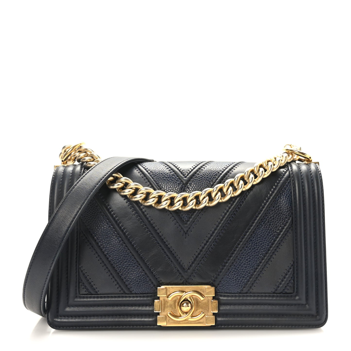 Caviar Suede Calfskin Chevron Medium Boy Flap Navy