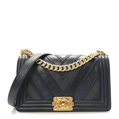 Chanel Caviar Suede Calfskin Chevron Medium Boy Flap Navy 1 of 9