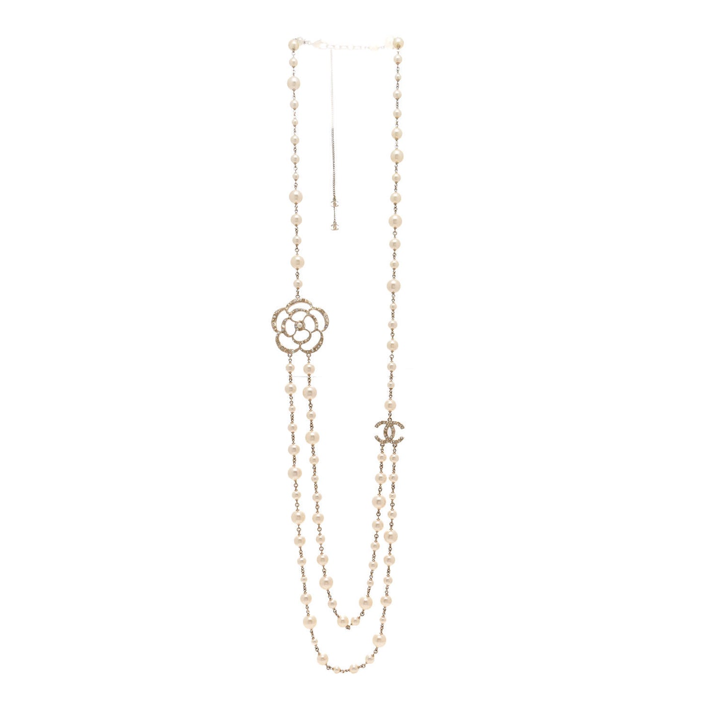 Crystal Pearl CC Camellia Long Necklace Gold