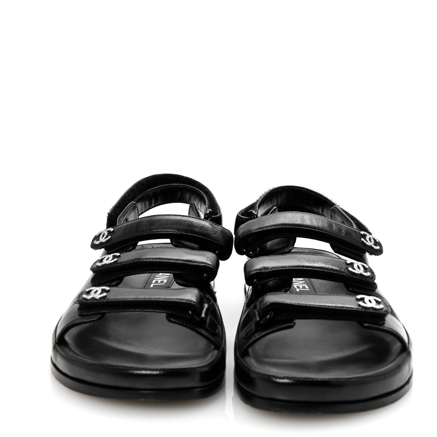 Chanel Lambskin Crystal CC Velcro Dad Sandals 37 Black 3 of 10