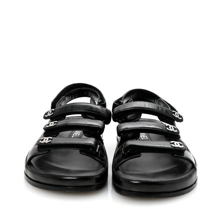 Chanel Lambskin Crystal CC Velcro Dad Sandals 37 Black 3 of 10