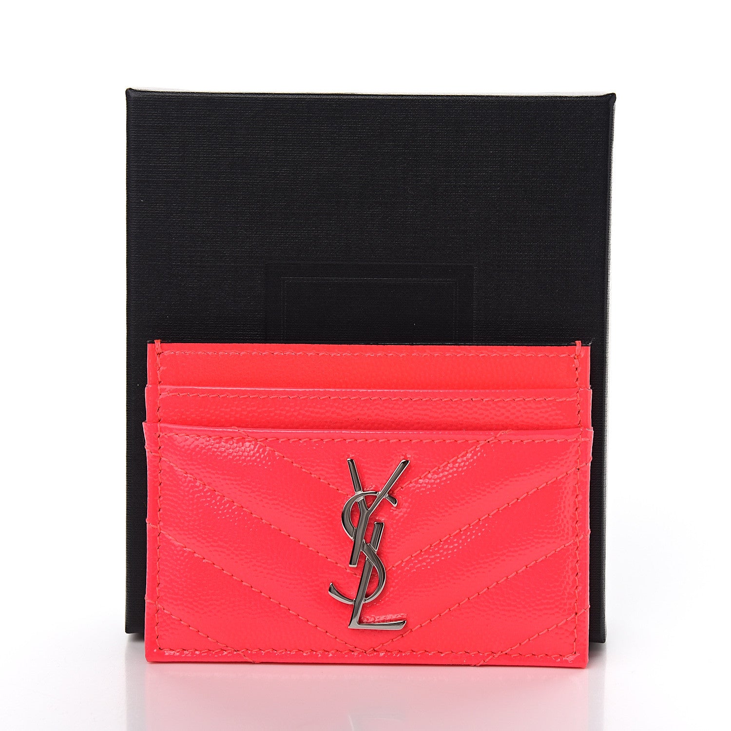 Saint Laurent Grain De Poudre Matelasse Chevron Monogram Credit Card Case Neon Pink 7 of 7