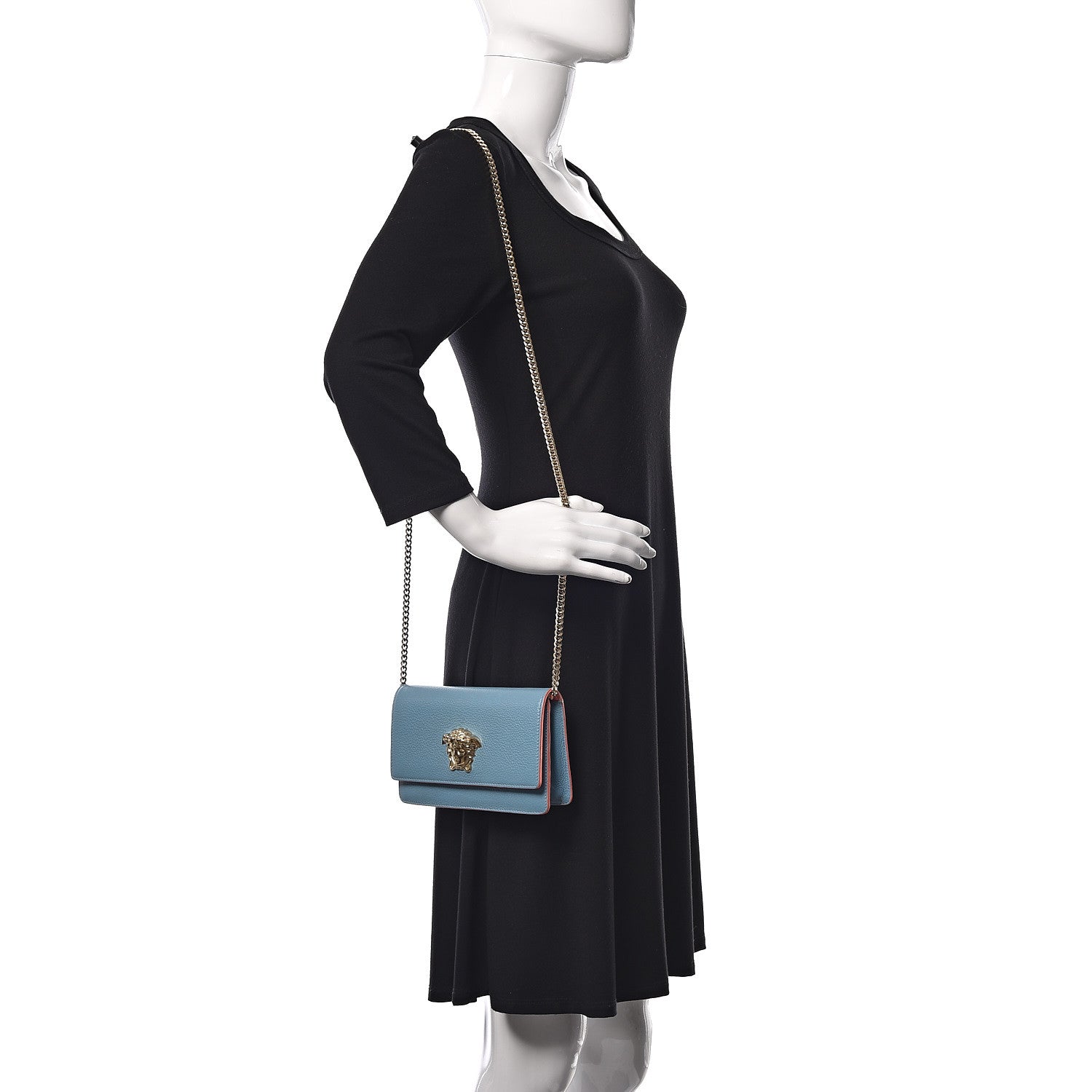 Versace Grained Calfskin Palazzo Chain Evening Bag Blue 2 of 13