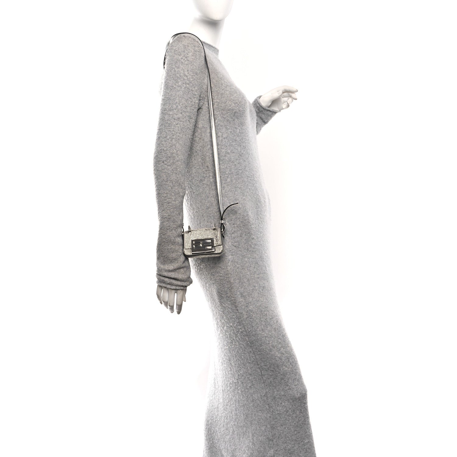 Fendi Nubuck Crystal Catalan Mirror Nano Maxi Buckle Baguette Charm Pietra Argento 2 of 11