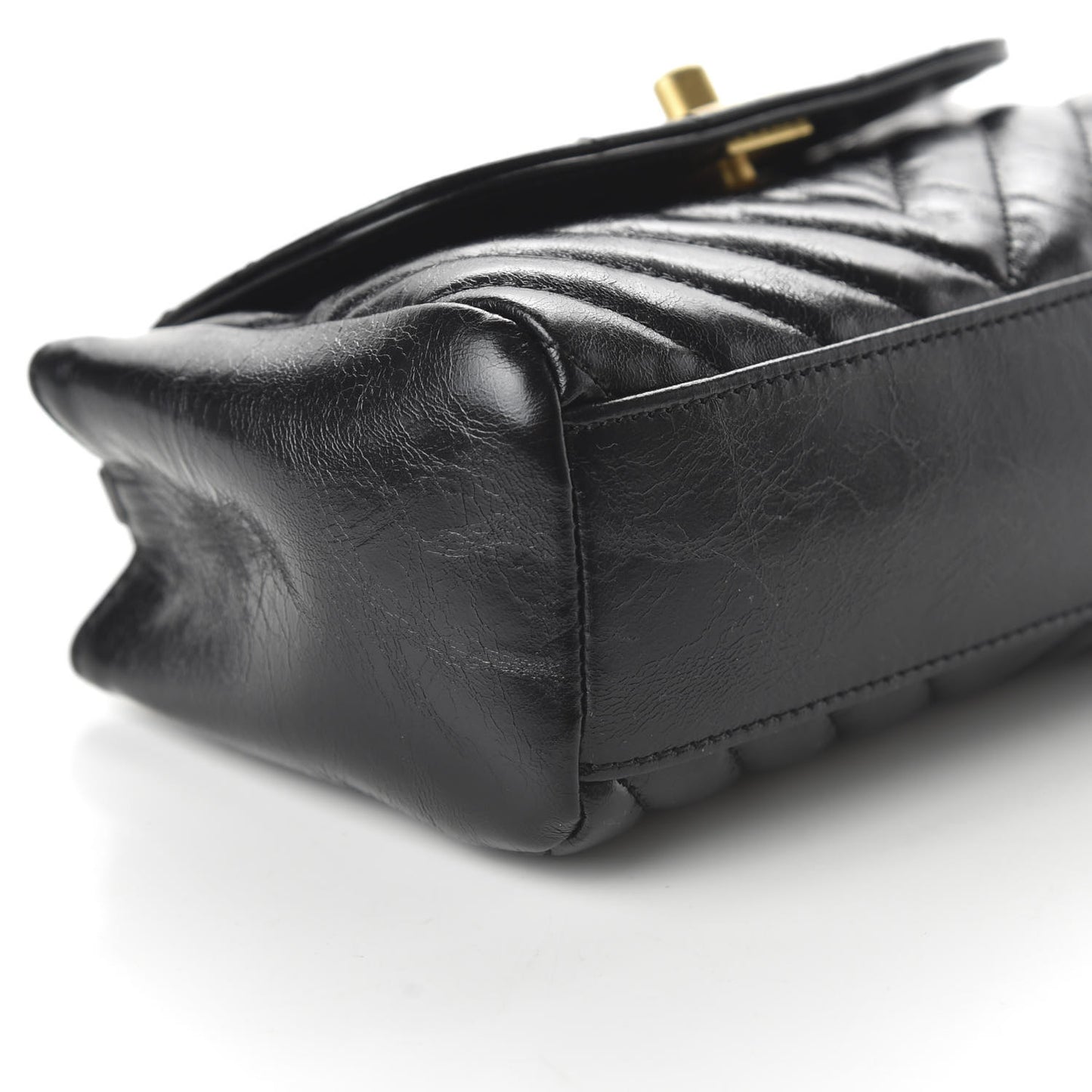 Glazed Calfskin Chevron Quilted Small Hampton Flap Black