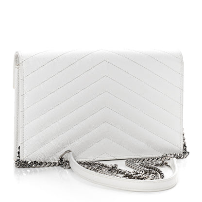 Saint Laurent Grain De Poudre Matelasse Chevron Monogram Envelope Chain Wallet White 3 of 9
