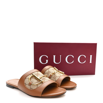 Gucci Calfskin Monogram Horsebit Womens Slide Sandals 39 Beige Ebony Sundial 10 of 10