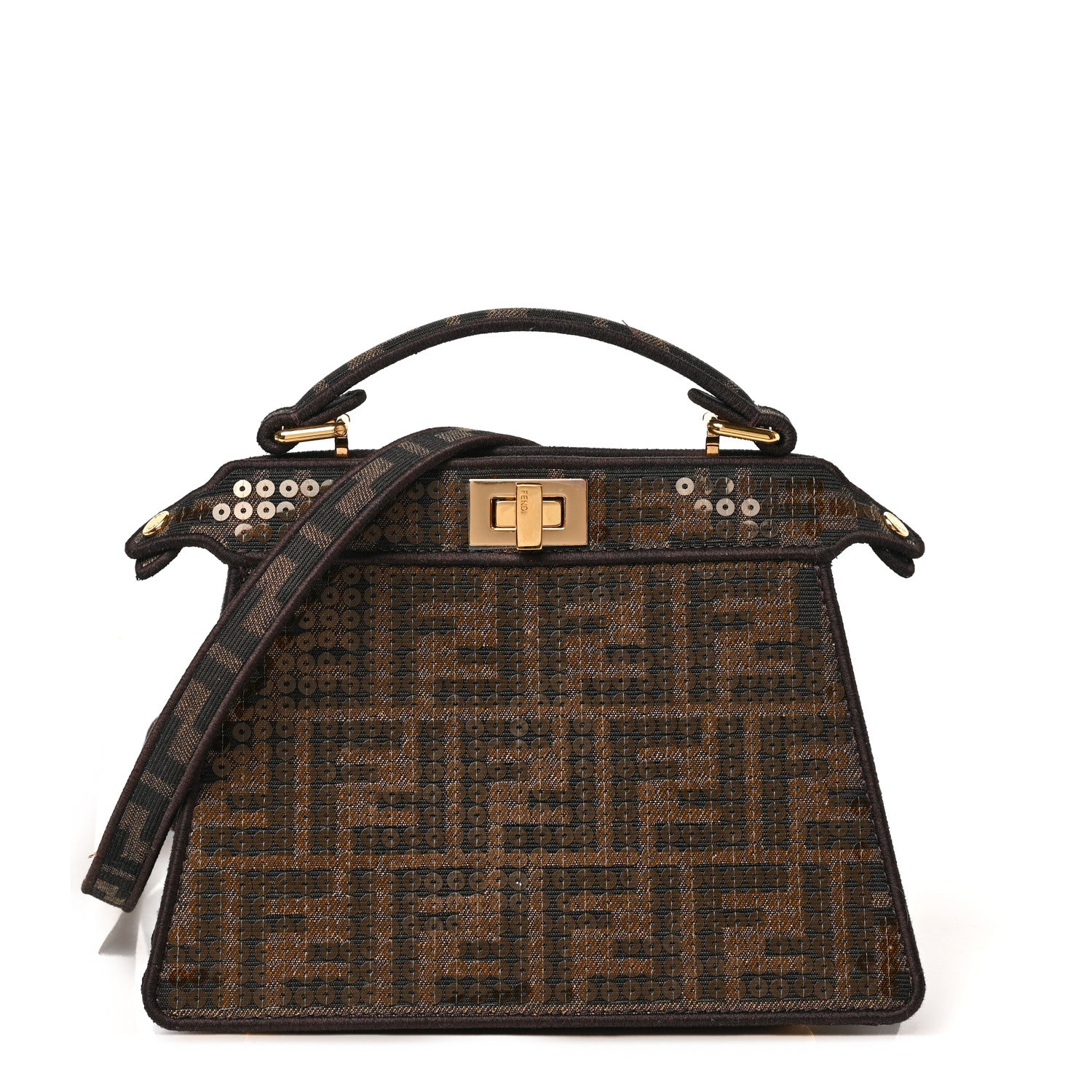 Fendi Fabric Jacquard Paillettes Vitello Seta FF 1974 Petite Peekaboo I SEE U Satchel Tobacco Moro 1 of 8