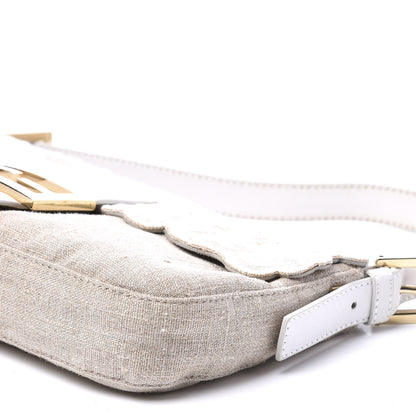 Fendi Linen Embroidered Baguette Beige White 9 of 11