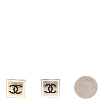 Chanel Metal Enamel CC Square Earrings Gold Black White 2 of 5