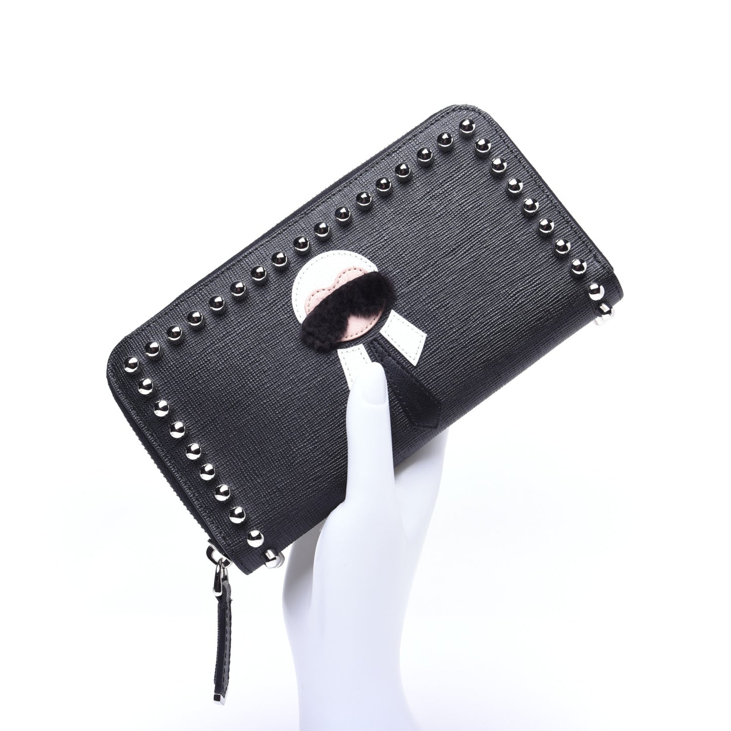 Vitello Elite Mink Fur Studded Karlito Zip Around Wallet Black