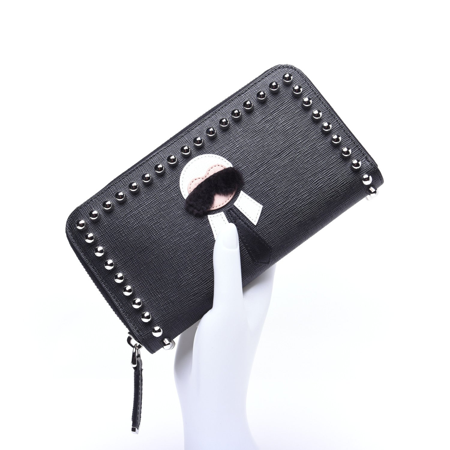 Fendi Vitello Elite Mink Fur Studded Karlito Zip Around Wallet Black 2 of 12