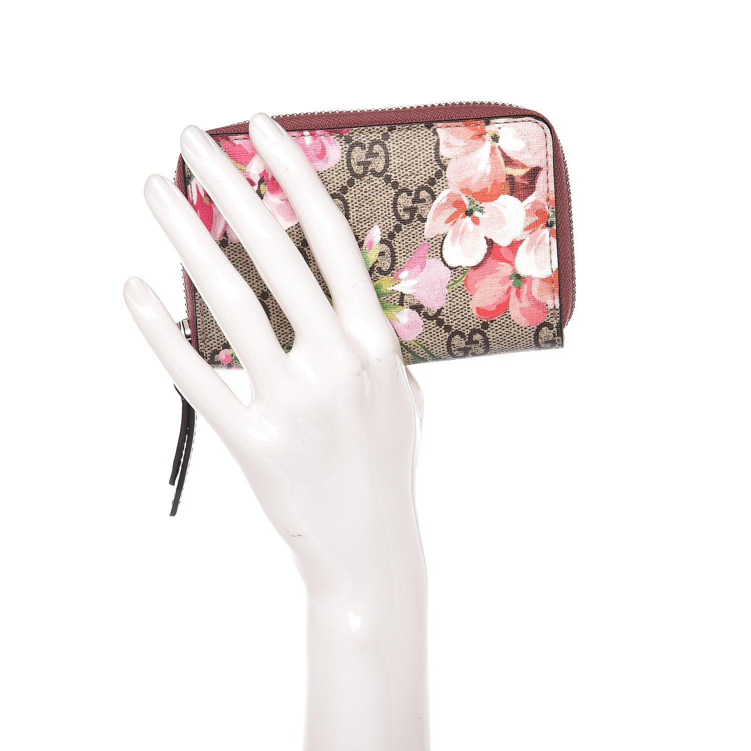 Gucci GG Supreme Monogram Blooms Zip Around Card Case Wallet Beige Multicolor Dry Rose 2 of 7