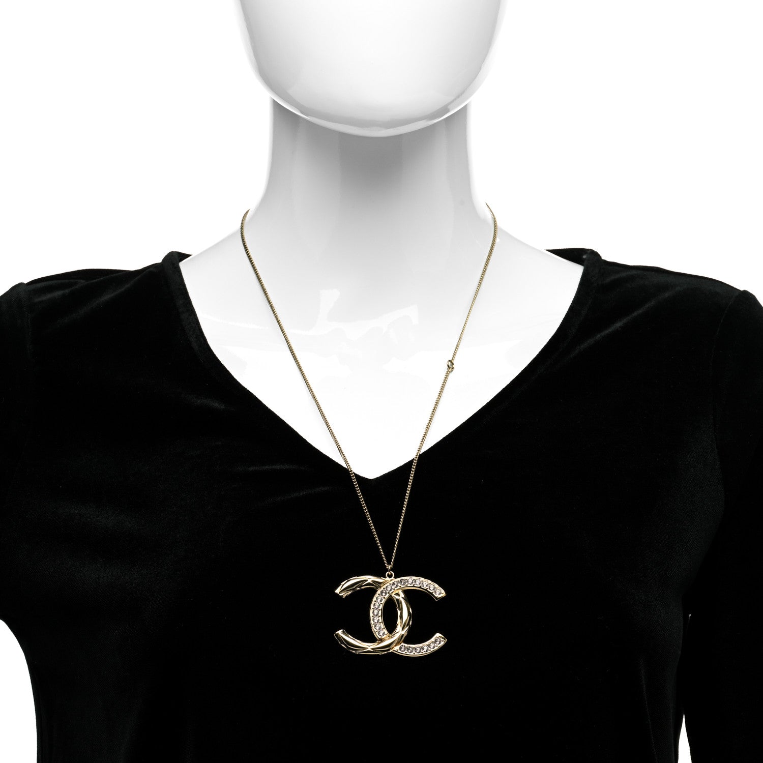 Chanel Crystal Metal Quilted CC Pendant Necklace Gold 2 of 5