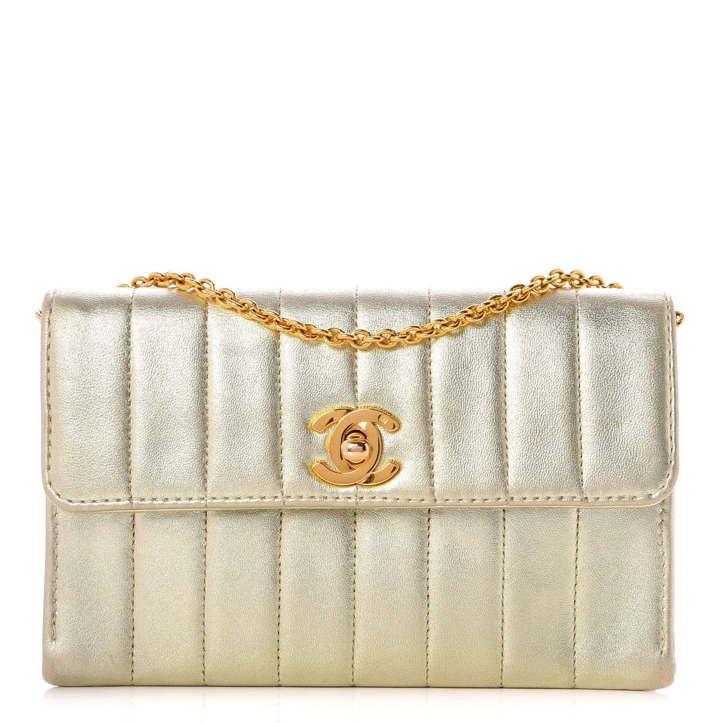 Metallic Lambskin Vertical Quilted Mini Flap Light Gold