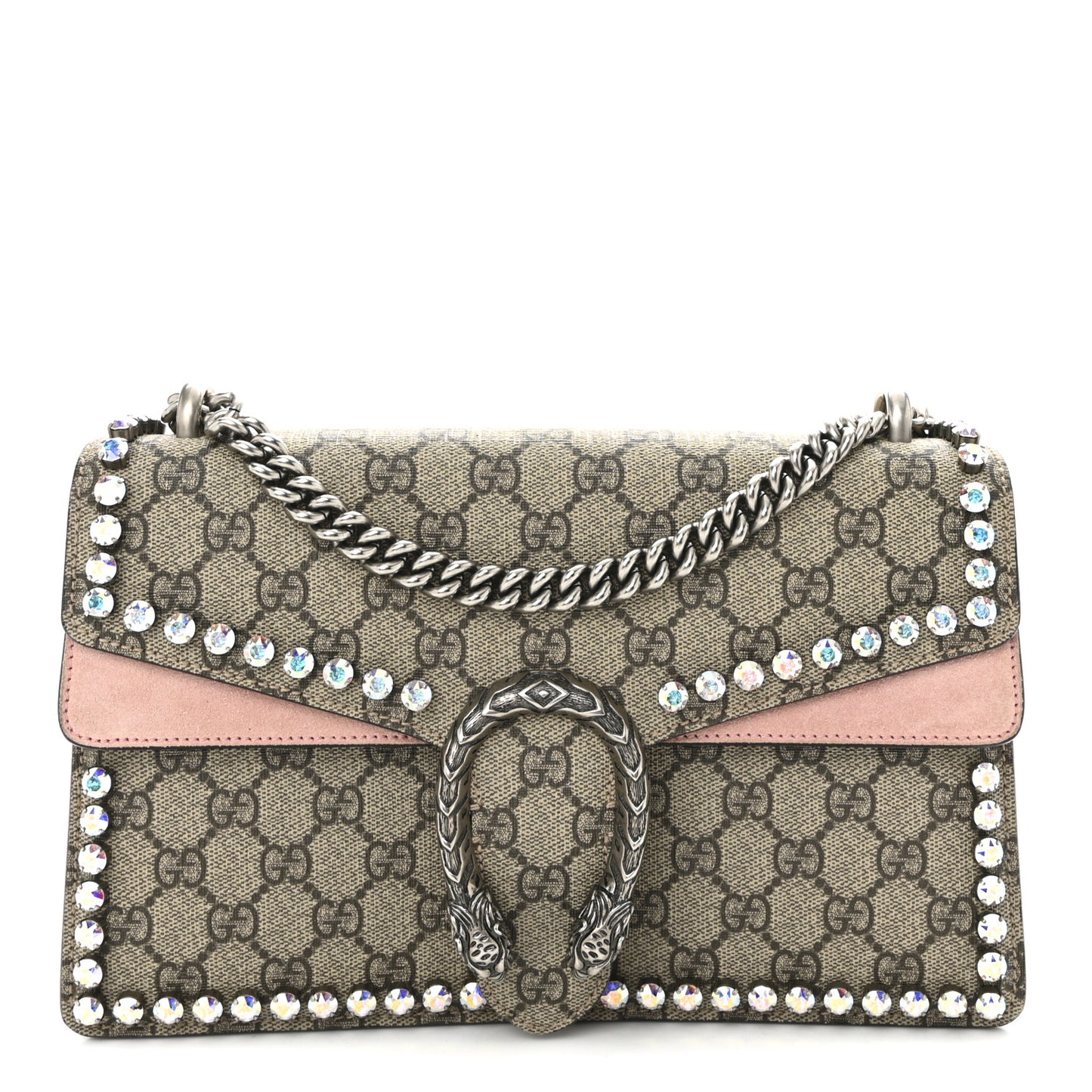 GG Supreme Monogram Suede Crystal Small Dionysus Shoulder Bag Beige Ebony Light Peonia