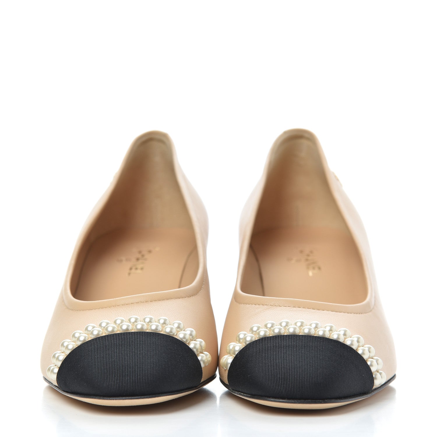 Chanel Lambskin Grosgrain Pearl Cap Toe CC Pumps 37 Beige Black 2 of 10
