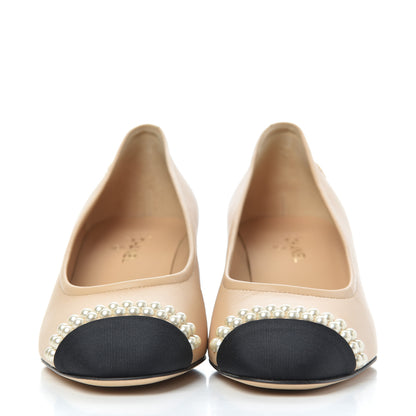 Chanel Lambskin Grosgrain Pearl Cap Toe CC Pumps 37 Beige Black 2 of 10