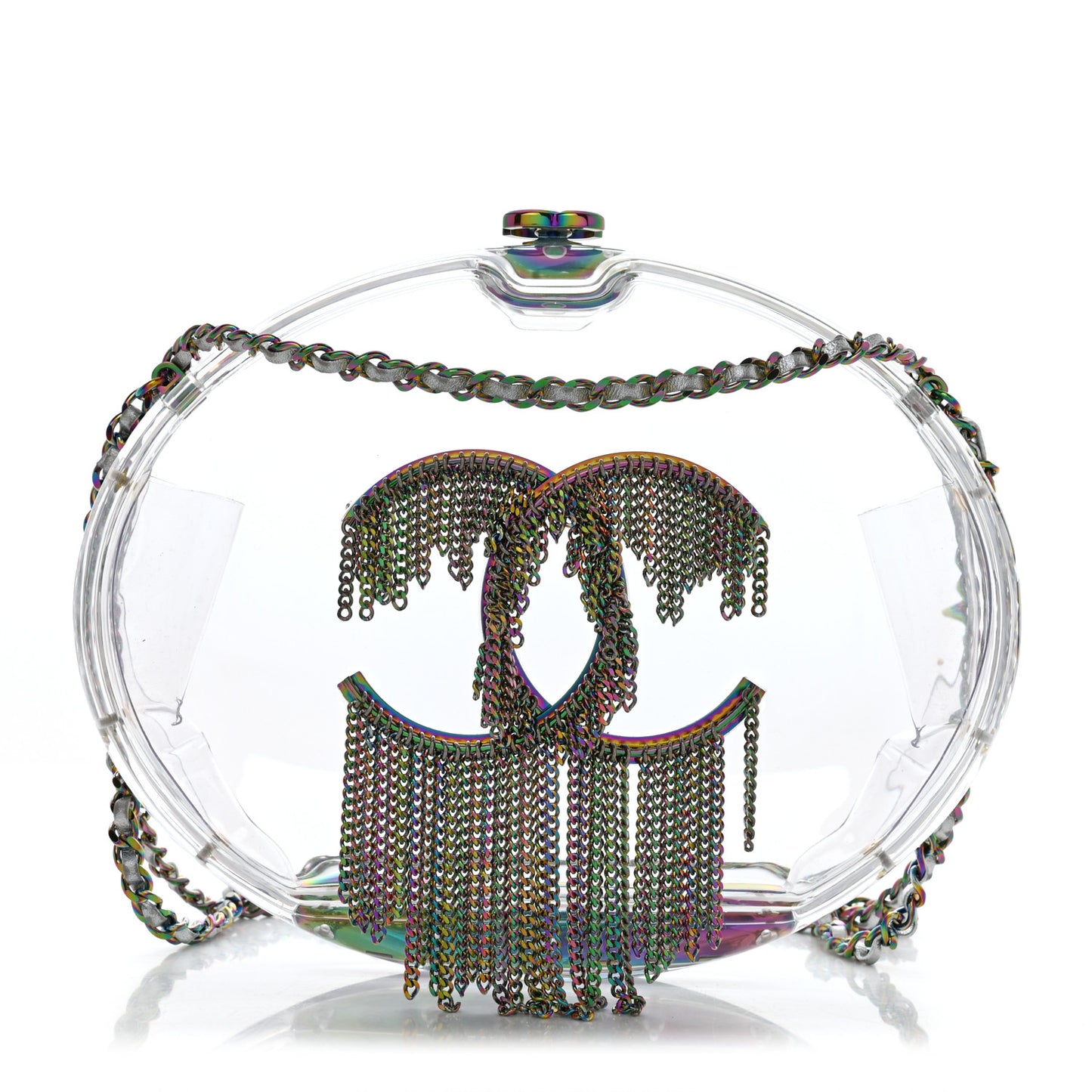 Plexiglass Iridescent Chain Fringe CC Clutch Clear
