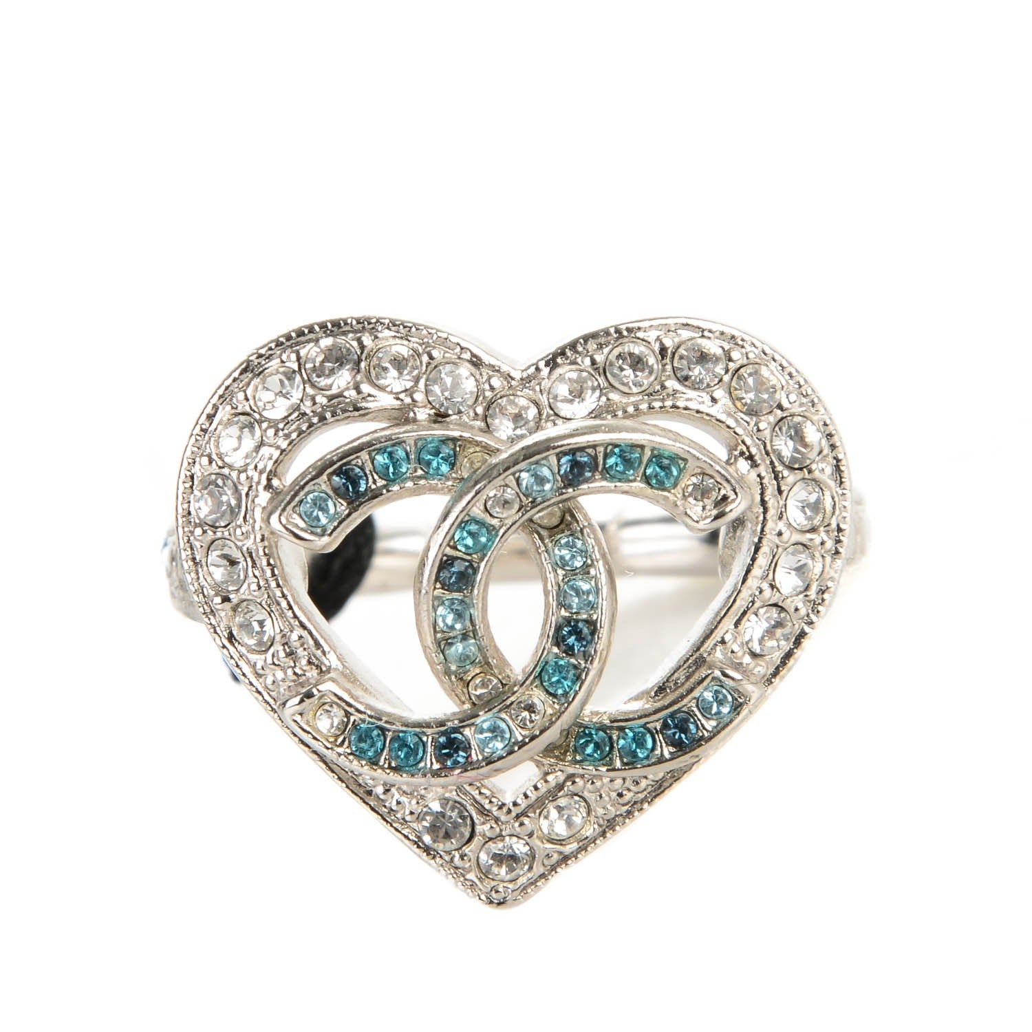 Chanel Crystal CC Heart Ring 7 Silver 1 of 4