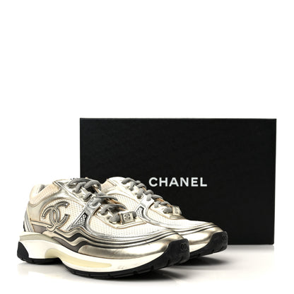 Chanel Fabric Laminated Calfskin Stretch CC Sneakers 39.5 White Gold Silver 10 of 10