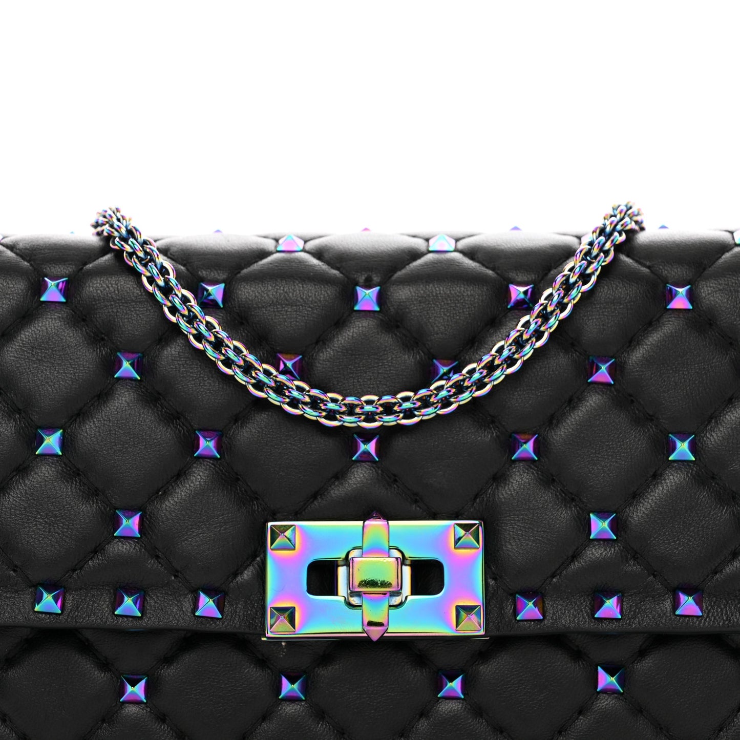 Lambskin Oil Slick Rockstud Spike Wallet on Chain Black