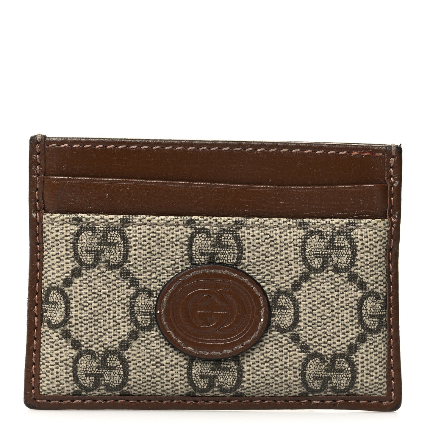 GG Supreme Monogram Azalea Calfskin Retro Interlocking G Card Holder Beige Ebony Brown Sugar