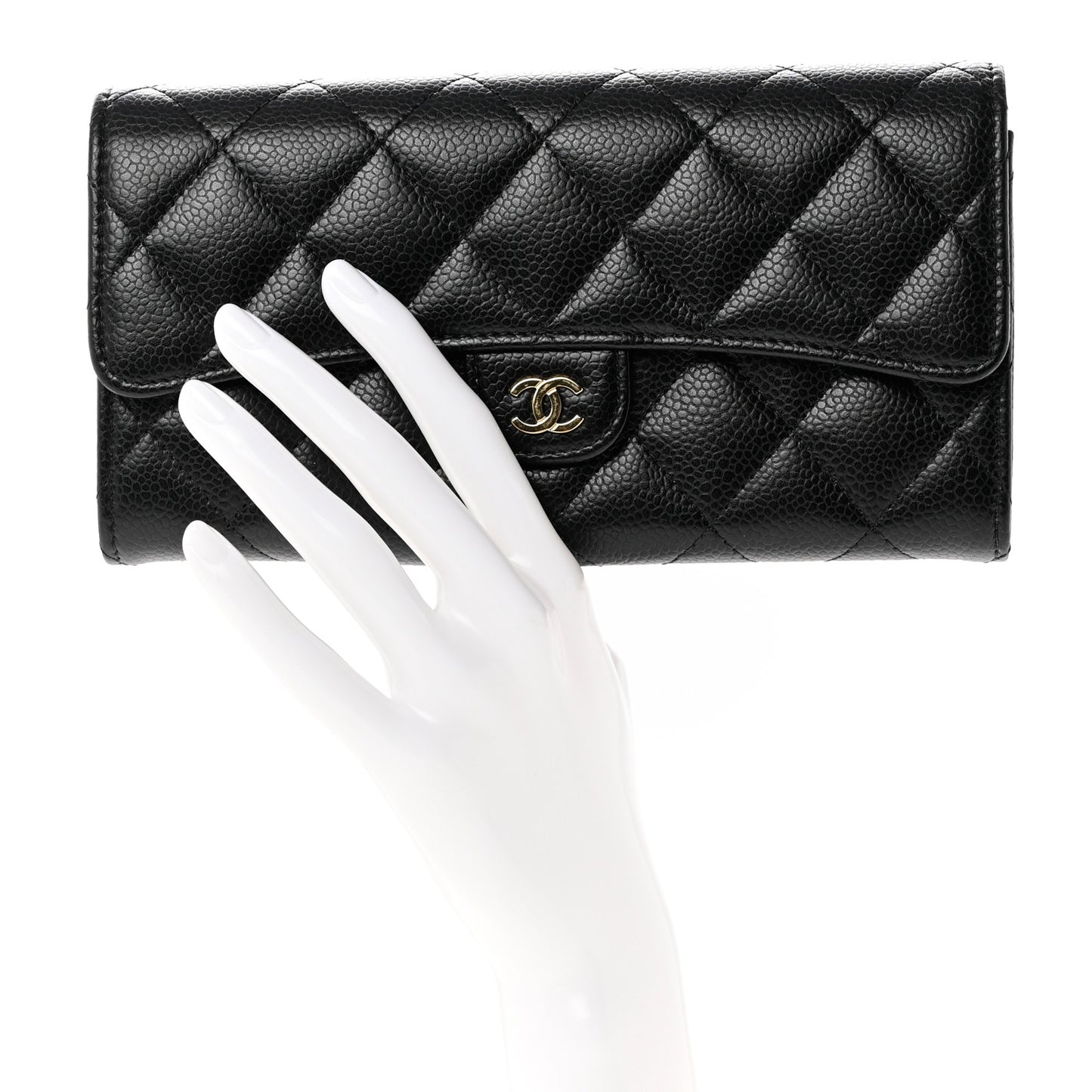 Caviar Quilted Large Gusset Flap Wallet Black