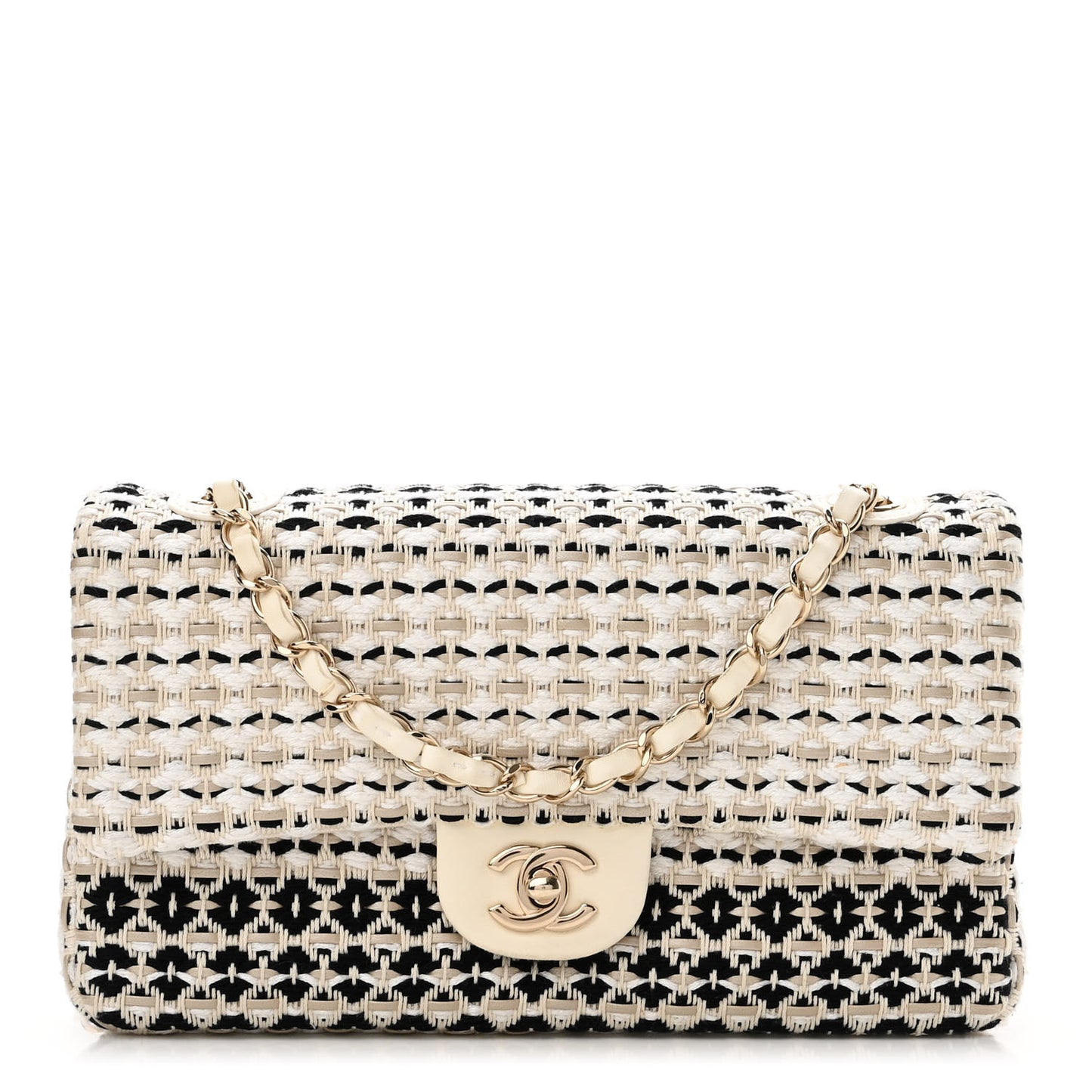 Cotton Raffia Lambskin Woven Medium Single Flap Beige Beige Black