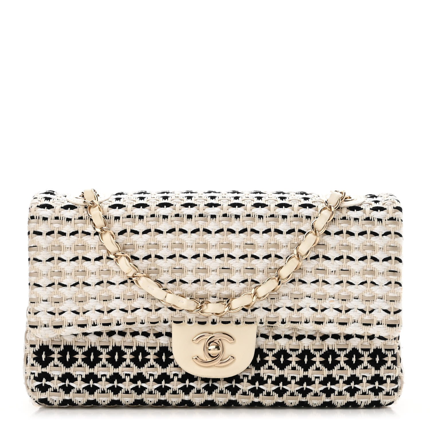 Chanel Cotton Raffia Lambskin Woven Medium Single Flap Beige Beige Black 1 of 10