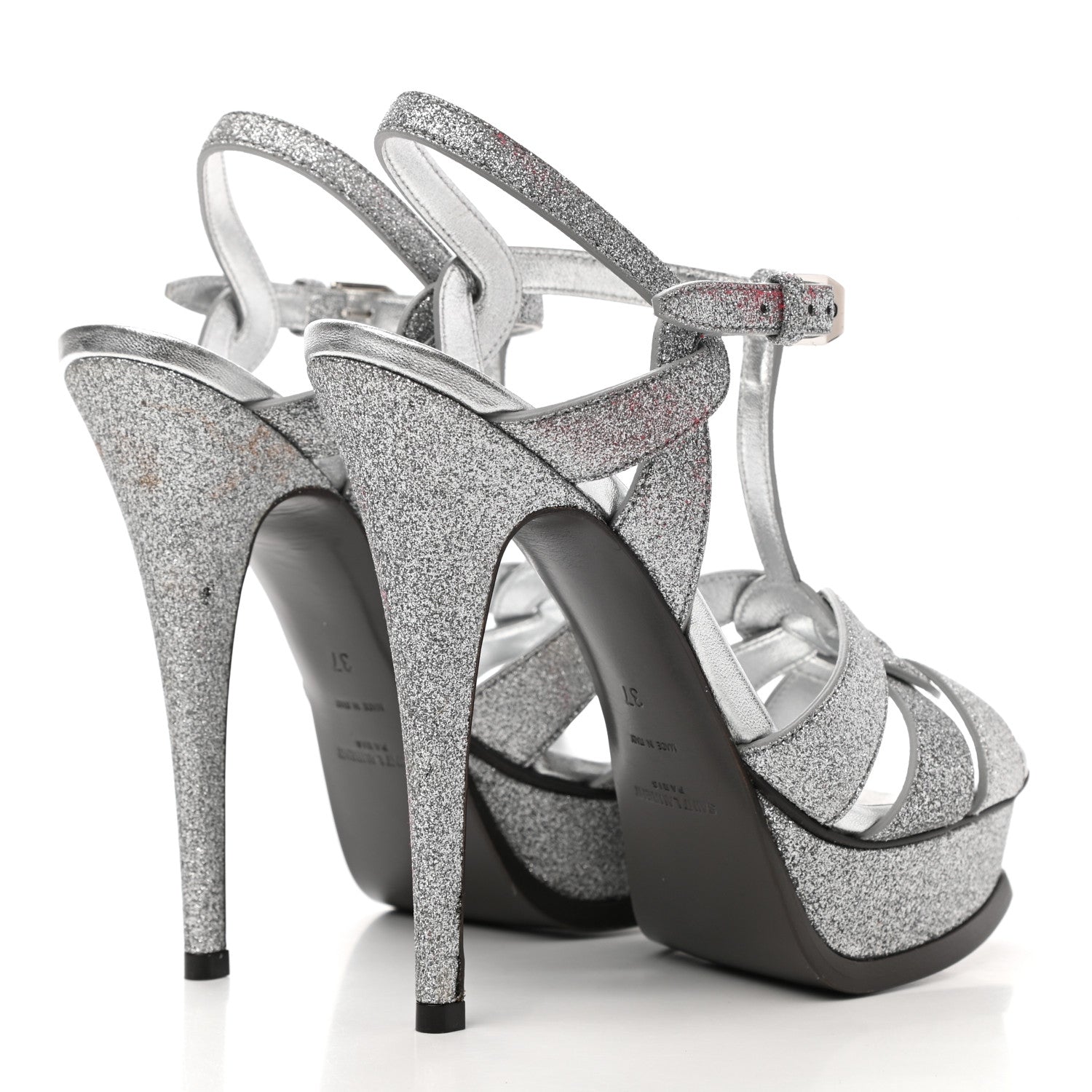 Saint Laurent Glitter Calfskin Tribute 105 Platform Sandals 37 Silver 4 of 11