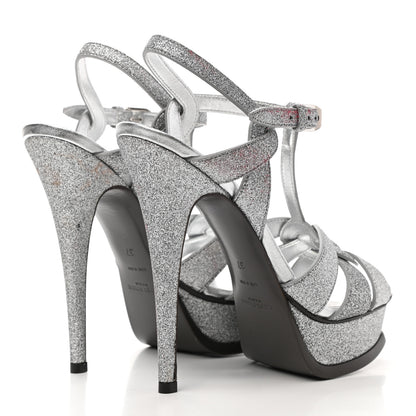 Saint Laurent Glitter Calfskin Tribute 105 Platform Sandals 37 Silver 4 of 11