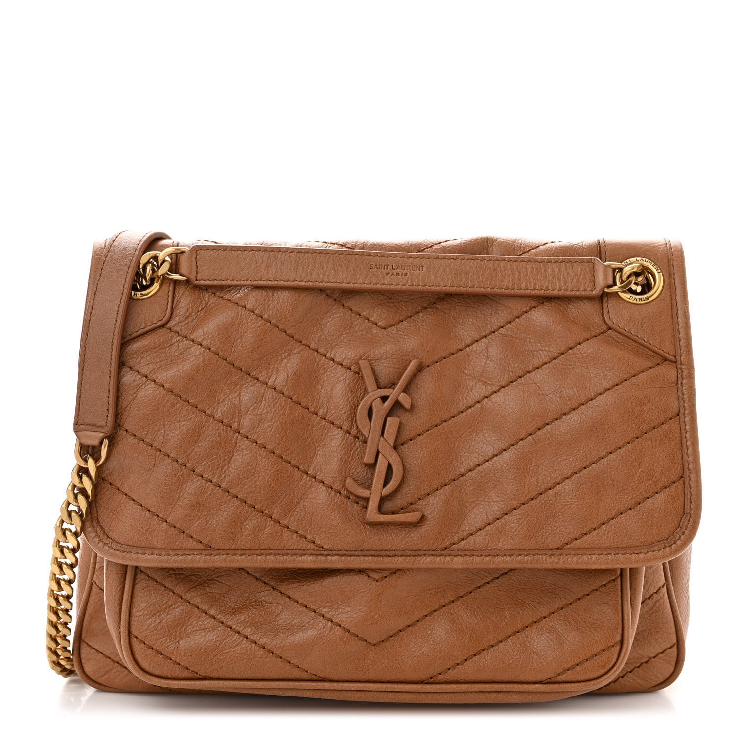 Saint Laurent Crinkled Calfskin Matelasse Monogram Medium Niki Chain Satchel Caramel 1 of 10