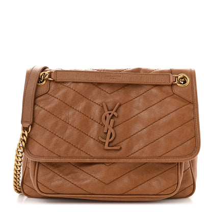 Saint Laurent Crinkled Calfskin Matelasse Monogram Medium Niki Chain Satchel Caramel 1 of 10