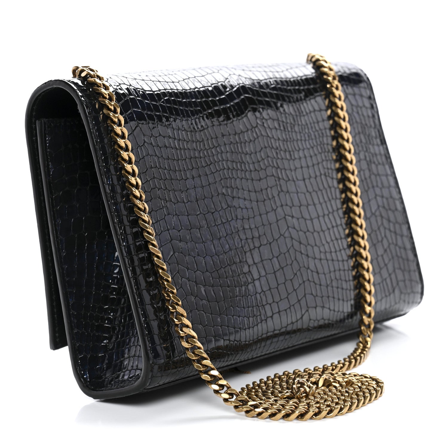 Saint Laurent Calfskin Crocodile Embossed Medium Classic Monogram Kate Tassel Satchel Black Blue 3 of 11