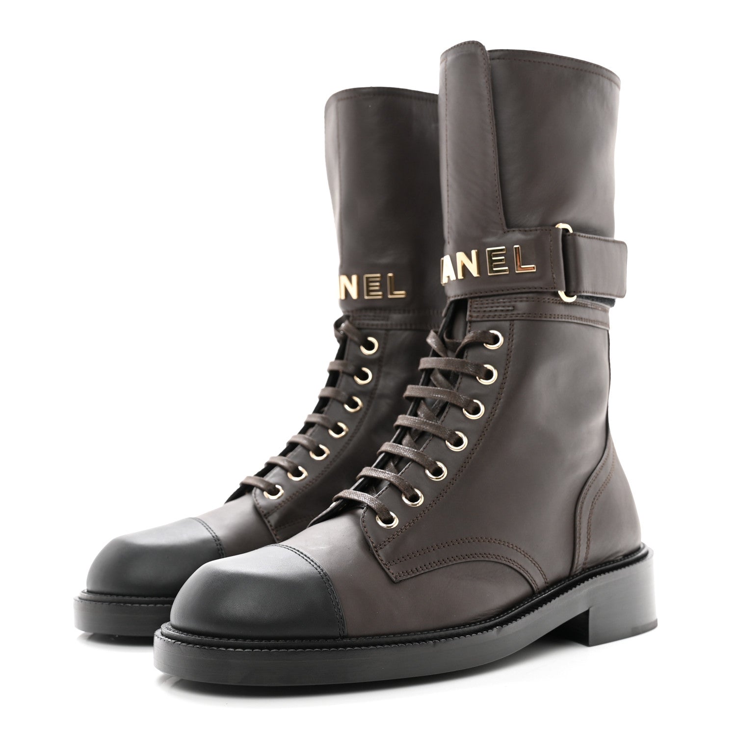 Chanel Shiny Calfskin Lace Up Combat Boots 38.5 Dark Brown Black 3 of 9