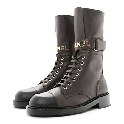 Chanel Shiny Calfskin Lace Up Combat Boots 38.5 Dark Brown Black 3 of 9